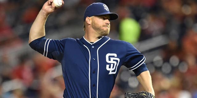 WASHINGTON, DC - AUGUST 26: Shawn Kelley #56 of the San Diego Padres pitches during a baseball game against the Washington Nationals at Nationals Park on August 26, 2015 in Washington, DC. The Padres won 6-5. (Photo by Mitchell Layton/Getty Images)