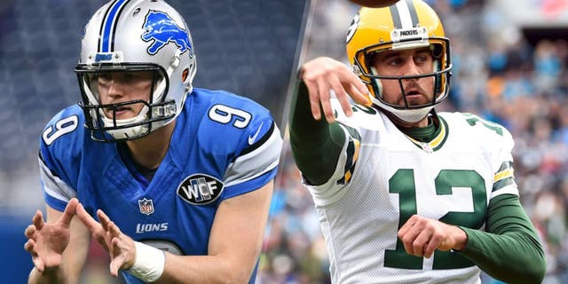 Oct 25, 2015; Detroit, MI, USA; Detroit Lions quarterback Matthew Stafford (9) before the game against the Minnesota Vikings at Ford Field. Mandatory Credit: Tim Fuller-USA TODAY Sports Nov 8, 2015; Charlotte, NC, USA; Green Bay Packers quarterback Aaron Rodgers (12) passes the ball in the first quarter at Bank of America Stadium. Mandatory Credit: Bob Donnan-USA TODAY Sports