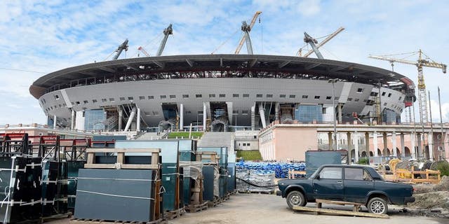 SAINT PETERSBURG, RUSSIA - JULY 20: A general view of the Saint Petersburg Stadium construction site during a media tour of Russia 2018 FIFA World Cup venues on July 20, 2015 in Saint Petersburg, Russia. (Photo by Laurence Griffiths/Getty Images)
