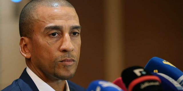 Former Trinidad and Tobago's football player David Nakhid speaks during a press conference to launch his bid to succeed FIFA president Sepp Blatter on September 28, 2015 in the Lebanese capital Beirut. The election to find a successor to Sepp Blatter will be held in Zurich on February 26, 2016. AFP PHOTO / STR (Photo credit should read -/AFP/Getty Images)
