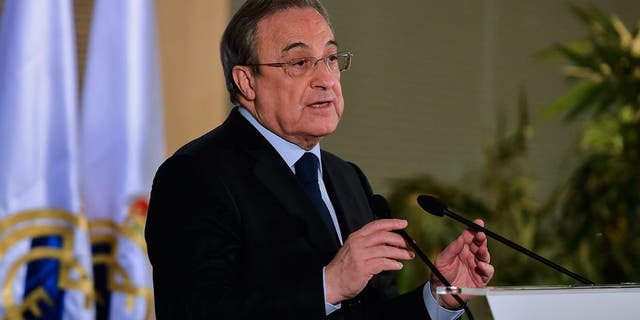 Real Madrid's president Florentino Perez gestures during a press conference at the Santiago Bernabeu stadium in Madrid on December 3, 2015, a day after the team fielded a suspended player during a match against Cadiz. Real Madrid edged closer to the Spanish Cup exit door today after third divison Cadiz appealed their midweek cup defeat because the capital giants had inadvertently fielded Russian international Denis Cheryshev, a move that last season saw second division Osasuna booted out of the cup in an almost identical case. AFP PHOTO/ PIERRE-PHILIPPE MARCOU / AFP / PIERRE-PHILIPPE MARCOU (Photo credit should read PIERRE-PHILIPPE MARCOU/AFP/Getty Images)