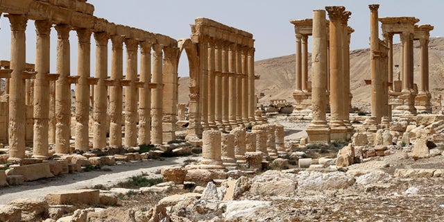 This file photo taken Friday, April 8, 2016 and provided by Russian Defense Ministry press service, shows the ancient ruins in Palmyra, Syria.