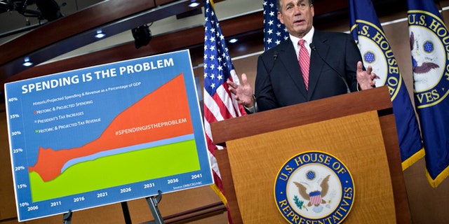 FILE: Dec. 13, 2012: House Speaker John Boehner, R-Ohio, accuses President Obama of not being serious about cutting government spending during a news conference on Capitol Hill, in Washington, D.C.