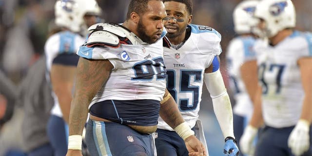 Dec 14, 2014; Nashville, TN, USA; Tennessee Titans wide receiver Nate Washington (85) talks with Titans defensive tackle Jurrell Casey after a fight between the Titans and the New York Jets during the second half at LP Field. The Jets beat the Titans 16-11. Mandatory Credit: Don McPeak-USA TODAY Sports