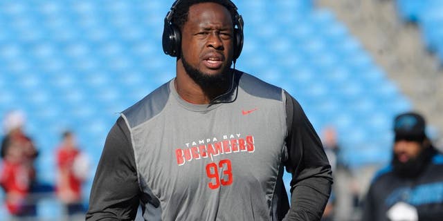 Dec 14, 2014; Charlotte, NC, USA; Tampa Bay Buccaneers defensive tackle Gerald McCoy (93) warms up before the game against the Carolina Panthers at Bank of America Stadium. Mandatory Credit: Sam Sharpe-USA TODAY Sports