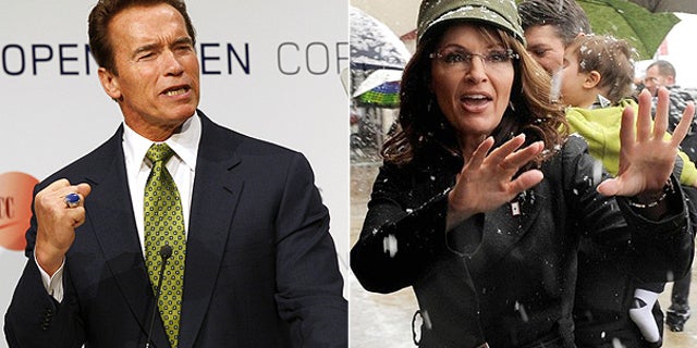 California Governor Arnold Schwarzenegger is seen at the U.N. Climate Summit in Copenhagen, while former Alaska Governor Sarah Palin is seen at a book signing in Fairfax, Virginia. (Reuters photos)