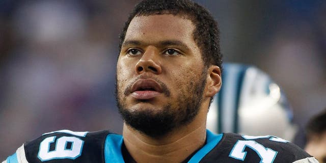 Aug 22, 2014; Foxborough, MA, USA; Carolina Panthers tackle Andrew McDonald (79) on the sideline during the first quarter against the New England Patriots at Gillette Stadium. Mandatory Credit: Stew Milne-USA TODAY Sports