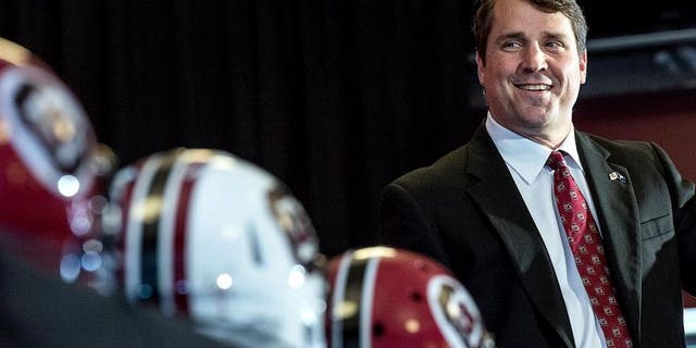 New South Carolina NCAA college head football coach Will Muschamp talks to the media at Williams Brice Stadium Monday, Dec. 7, 2015, in Columbia, S.C. (AP Photo/Sean Rayford)