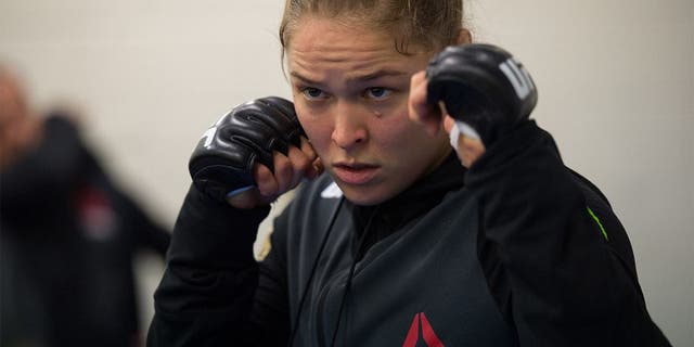 MELBOURNE, AUSTRALIA - NOVEMBER 15: UFC women's bantamweight champion Ronda Rousey of the United States warms up before facing Holly Holm of the United States during the UFC 193 event at Etihad Stadium on November 15, 2015 in Melbourne, Australia. (Photo by Brandon Magnus/Zuffa LLC/Zuffa LLC via Getty Images)