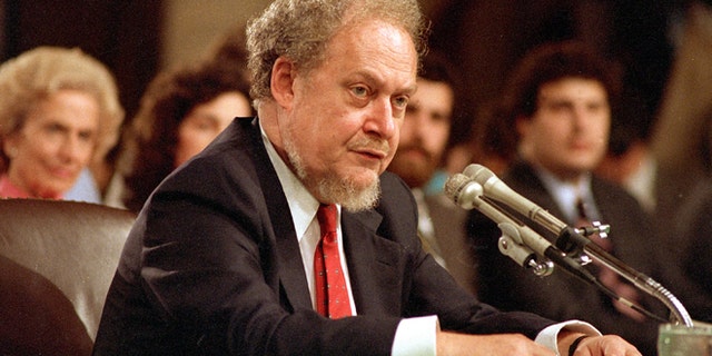 U.S. Supreme Court nominee Robert H. Bork testifies before the Senate Judiciary Committee during his confirmation hearings on Capitol Hill, Sept. 16, 1987. (Associated Press)