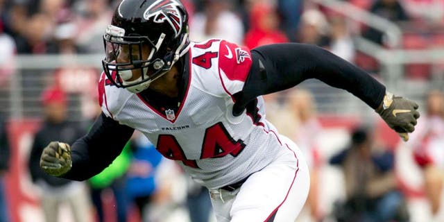 November 8, 2015; Santa Clara, CA, USA; Atlanta Falcons defensive end Vic Beasley (44) runs during the second quarter against the San Francisco 49ers at Levi's Stadium. The 49ers defeated the Falcons 17-16. Mandatory Credit: Kyle Terada-USA TODAY Sports