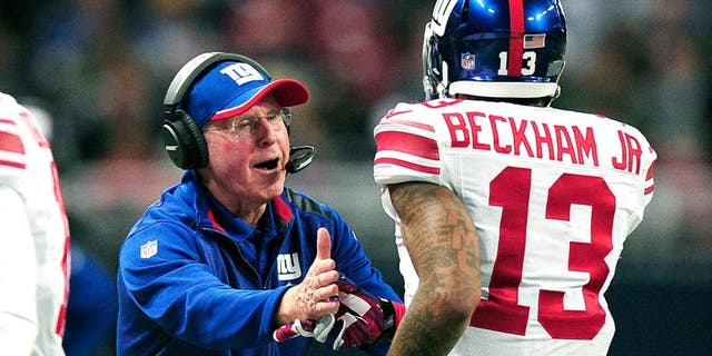 Dec 21, 2014; St. Louis, MO, USA; New York Giants head coach Tom Coughlin celebrates with wide receiver Odell Beckham (13) after a touchdown against the St. Louis Rams during the first half at the Edward Jones Dome. Mandatory Credit: Jeff Curry-USA TODAY Sports
