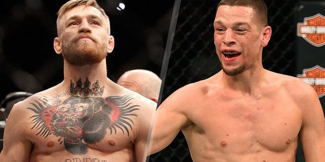 Conor McGregor enters the Octagon for his featherweight title fight against Jose Aldo during UFC 194 at MGM Grand Garden Arena on December 12, 2015 in Las Vegas, Nevada. (Photo by Steve Marcus/Getty Images) Nate Diaz taunts Michael Johnson in their lightweight bout during the UFC Fight Night event at the Amway Center on December 19, 2015 in Orlando, Florida. (Photo by Josh Hedges/Zuffa LLC/Zuffa LLC via Getty Images)