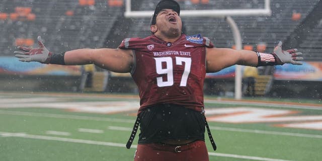 Dec 26, 2015; El Paso, TX, USA; Washington State Cougars defensive lineman Destiny Vaeao (97) reacts after the second half against the Miami Hurricanes at Sun Bowl Stadium. The Cougars won 20-14. Mandatory Credit: Joe Camporeale-USA TODAY Sports
