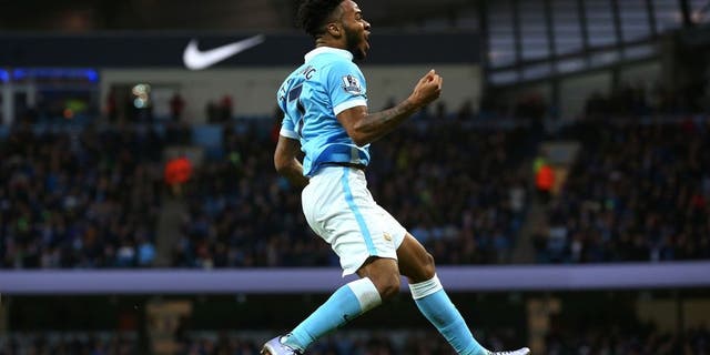 MANCHESTER, ENGLAND - DECEMBER 26: Raheem Sterling of Manchester City celebrates after scoring the opening goal with a header during the Barclays Premier League match between Manchester City and Sunderland at the Etihad Stadium on December 26, 2015 in Manchester, England. (Photo by Alex Livesey/Getty Images)