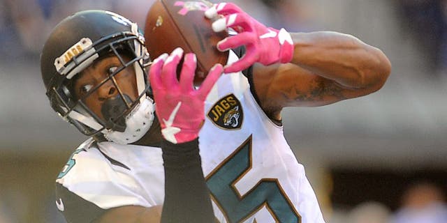 Oct 4, 2015; Indianapolis, IN, USA; Jacksonville Jaguars receiver Allen Robinson (15) makes a catch in the second half against the Indianapolis Colts at Lucas Oil Stadium. Mandatory Credit: Thomas J. Russo-USA TODAY Sports