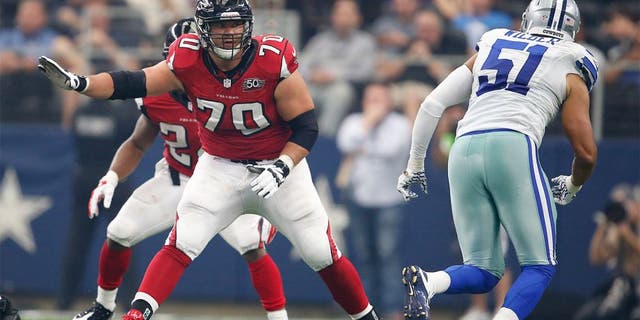 Sep 27, 2015; Arlington, TX, USA; Atlanta Falcons tackle Jake Matthews (70) in action against the Dallas Cowboys at AT&T Stadium. Mandatory Credit: Matthew Emmons-USA TODAY Sports