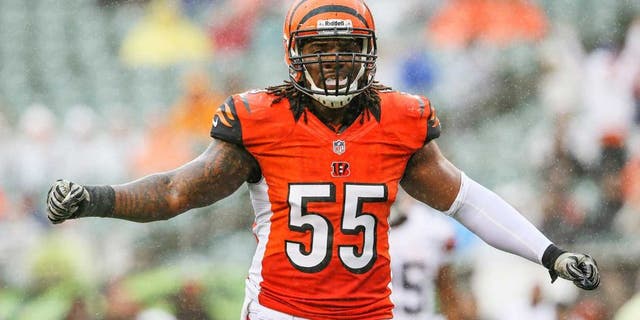 Nov 17, 2013; Cincinnati, OH, USA; Cincinnati Bengals outside linebacker Vontaze Burfict (55) reacts during the game against the Cleveland Browns at Paul Brown Stadium. Cincinnati won 41-20. Mandatory Credit: Kevin Jairaj-USA TODAY Sports