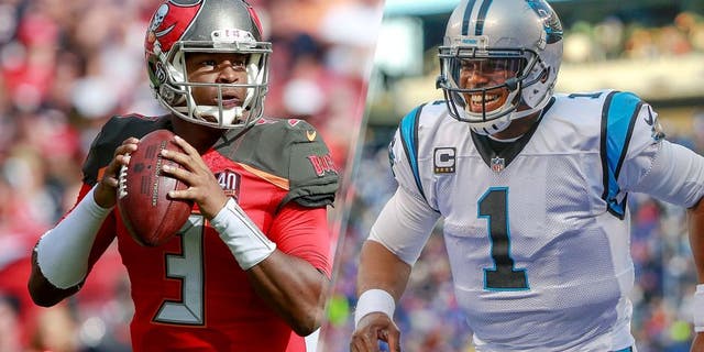 Dec 27, 2015; Tampa, FL, USA; Tampa Bay Buccaneers quarterback Jameis Winston (3) drops back against the Chicago Bears during the first half at Raymond James Stadium. Mandatory Credit: Kim Klement-USA TODAY Sports Dec 20, 2015; East Rutherford, NJ, USA; Carolina Panthers quarterback Cam Newton (1) is all smiles after third quarter touchdown against the New York Giants at MetLife Stadium. Carolina Panthers defeat the New York Giants 38-35. Mandatory Credit: Jim O'Connor-USA TODAY Sports