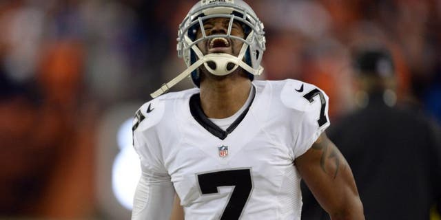 Dec 13, 2015; Denver, CO, USA; Oakland Raiders punter Marquette King (7) reacts to punting the football to the two yard line against the Denver Broncos in the fourth quarter at Sports Authority Field at Mile High. The Raiders defeated Broncos 15-12. Mandatory Credit: Ron Chenoy-USA TODAY Sports