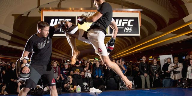 LAS VEGAS, NEVADA - DECEMBER 30: Carlos Condit holds an open training session for fans and media at the MGM Grand Hotel/Casino on December 30, 2015 in Las Vegas Nevada. (Photo by Brandon Magnus/Zuffa LLC/Zuffa LLC via Getty Images)