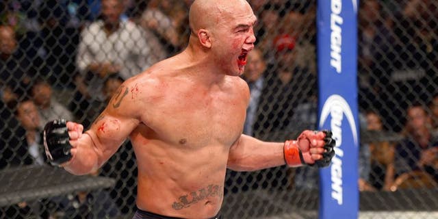 LAS VEGAS, NV - JULY 11: Robbie Lawler reacts to his victory over Rory MacDonald in their UFC welterweight title fight during the UFC 189 event inside MGM Grand Garden Arena on July 11, 2015 in Las Vegas, Nevada. (Photo by Josh Hedges/Zuffa LLC/Zuffa LLC via Getty Images)