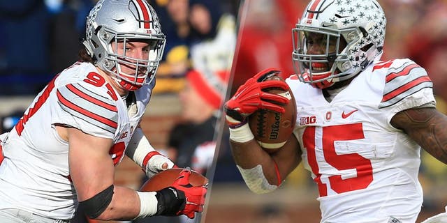 Defensive lineman Joey Bosa #97 of the Ohio State Buckeyes runs the ball during the game against the Michigan Wolverines at Michigan Stadium on November 28, 2015 in Ann Arbor, Michigan. Ohio State defeated Michigan 42-13. (Photo by Andrew Weber/Getty Images) Running back Ezekiel Elliott #15 of the Ohio State Buckeyes runs the ball during the game against the Michigan Wolverines at Michigan Stadium on November 28, 2015 in Ann Arbor, Michigan. Ohio State defeated Michigan 42-13. (Photo by Andrew Weber/Getty Images)