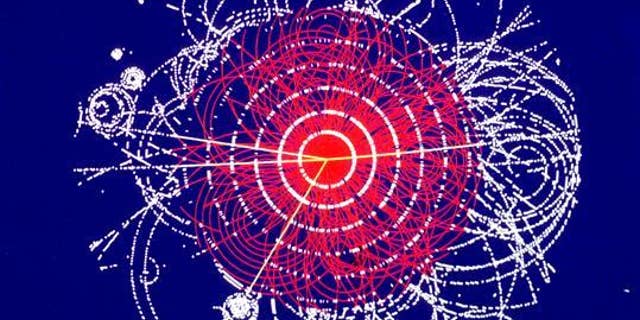Simulation by the ATLAS experiment of the decay of a Higgs boson into 4 muons (yellow tracks).