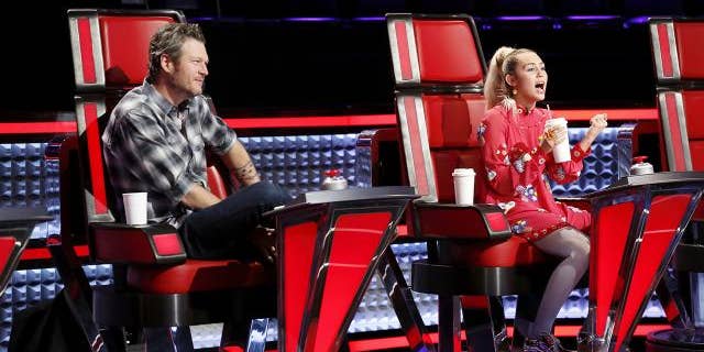 Miley Cyrus on "The Voice" with Blake Shelton.