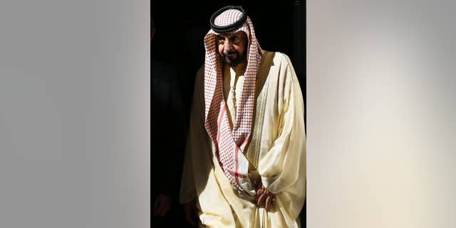FILE- In this May 1, 2013 file photo, president of the United Arab Emirates Sheik Khalifa bin Zayed Al Nahyan leaves Downing Street after a meeting with Britain's Prime Minister David Cameron, in London. Al Nahyan, the leader of the United Arab Emirates, who has rarely been seen since suffering a stroke nearly three years ago, has left his country for a "private visit" abroad. The state-run WAM news agency announced his trip on Thursday, Jan. 5, 2017. It did not say where he went. (AP Photo/Kirsty Wigglesworth, File)