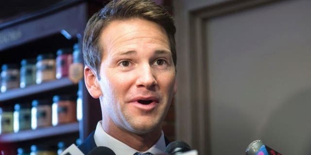 Feb. 6, 2015: Rep. Aaron Schock, R-Ill., answers questions from the media as he returns to Peoria, Ill.