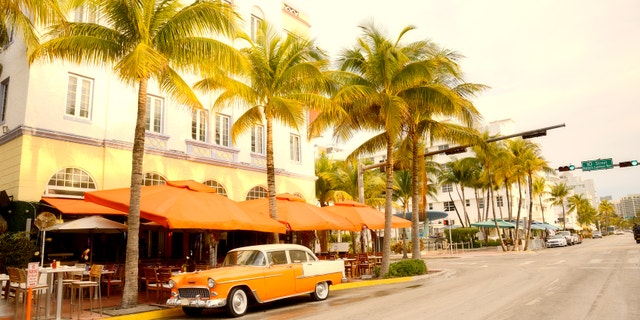 Vintage Car in Ocean Drive, Miami Beach, Florida, USA.
