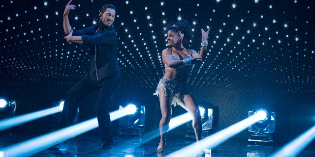 DANCING WITH THE STARS - "Episode 2306" - The nine remaining celebrities ready themselves for one of the hottest nights in the ballroom - Latin Night - with each celebrity performing either a rumba, salsa, samba, paso doblé, cha cha or Argentine tango, on "Dancing with the Stars," live, MONDAY, OCTOBER 17 (8:00-10:01 p.m. EDT), on the ABC Television Network. (ABC/Eric McCandless)VALENTIN CHMERKOVSKIY, LAURIE HERNANDEZ