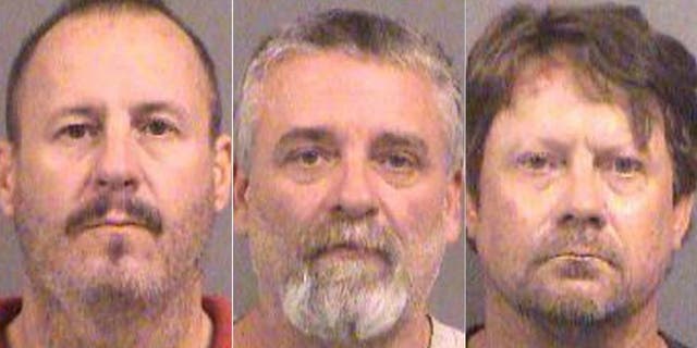 Oct. 14, 2016: These booking photos show, from left, Curtis Allen, Gavin Wright, and Patrick Eurgene Stein. All three men have been charged with plotting to bomb an apartment building filled with Somali immigrants in Garden City, Kan.