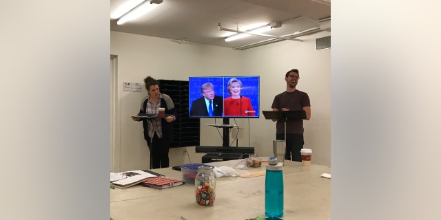 Rachel Whorton, left, and Daryl Embry rehearse for "Her Opponent."