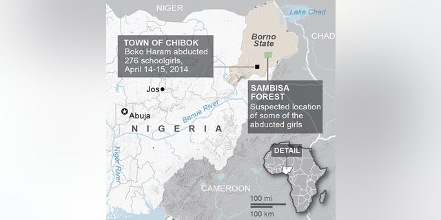 Map shows details of the 2014 abduction of 276 schoolgirls in the village of Chibok, Nigeria; 2c x 3 1/4 inches; 96.3 mm x 82 mm;