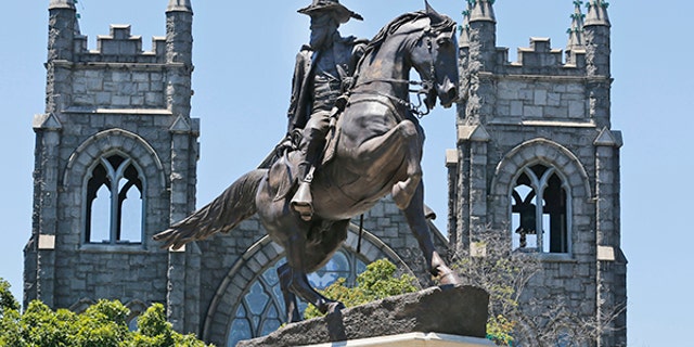 This Wednesday, June 28, 2017 shows the statue of Confederate general J.E.B. Stewart on Monument Avenue in Richmond, Va. Richmond Mayor Levar Stoney recently announced he thinks the monuments should stay put, though he appointed a commission to study adding historical context, likely with new signs or new statues. (AP Photo/Steve Helber)