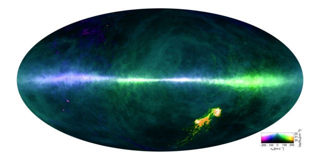 This HI4PI map was produced using data from the 100-m Max-Planck radio telescope in Effelsberg, Germany and the 64-m CSIRO radio telescope in Parkes, Australia. The plane of the Milky Way runs horizontally across the middle of the image.