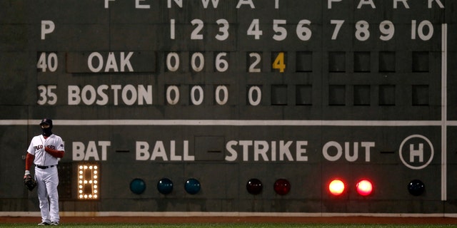 Boston Red Sox left fielder Daniel Nava stands in front of a scoreboard during the fifth inning of a baseball game against the Oakland Athletics at Fenway Park in Boston Tuesday, April 23, 2013. (AP Photo/Winslow Townson)