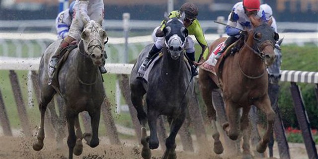 Creator, left, with jockey Luis Saez up, wins the 148th running of the Belmont Stakes horse race, Saturday, June 11, 2016, in Elmont, N.Y. (AP Photo/Peter Morgan)