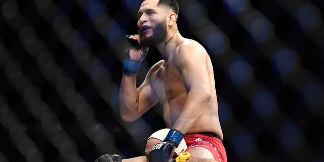 Jan 28, 2017; Denver, CO, USA; Donald Cerrone (red gloves) reacts after his match against Jorge Masvidal (blue gloves) during UFC Fight Night at the Pepsi Center. Mandatory Credit: Ron Chenoy-USA TODAY Sports