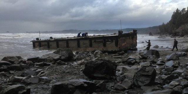 In this Dec. 21, 2012 file photo provided by the Washington Dept. of Fish & Wildlife, scientists inspect a dock that floated up on a remote stretch of wilderness beach in northwestern Washington. A scientist who examined the dock says it looks just like the one that came ashore on a central Oregon beach last summer, suggesting it also is a piece of tsunami debris from Japan. (AP Photo/Washington Dept. of Fish & Wildlife)