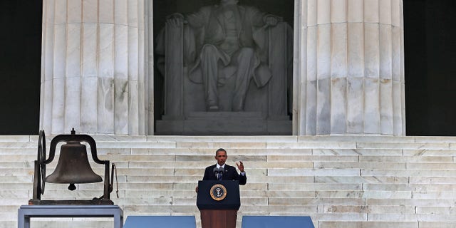 WASHINGTON, DC - AUGUST 28: U.S. President Barack Obama speaks during the ceremony to commemorate the 50th anniversary of the March on Washington for Jobs and Freedom August 28, 2013 in Washington, DC. It was 50 years ago today that Martin Luther King, Jr. delivered his "I Have A Dream Speech" on the steps of the Lincoln Memorial. (Photo by Mark Wilson/Getty Images)