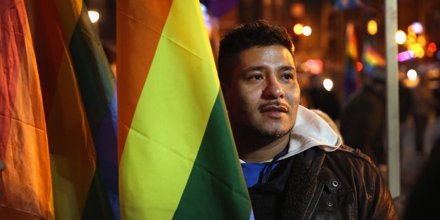CHICAGO, IL - NOVEMBER 07: Ismael Enriquez joins other supporters of same-sex marriage at a rally to celebrate Illinois General Assembly's passing of a gay marriage bill on November 7, 2013 in Chicago, Illinois. The governor is expected to sign the bill on November 20, making Illinois the 15th state to legalize same-sex unions. (Photo by Scott Olson/Getty Images)