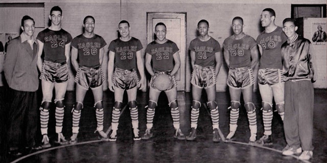 The Durham News & Observer identified the players for the Eagles from the left as Coach John B. McLendon, George Parks, an unidentified player, Billy Williams, James Hardy, Aubrey 'Stinkey' Stanley, Floyd Brown, Henry 'Big Dog' Thomas and manager Edward “Pee Wee” Boyd.