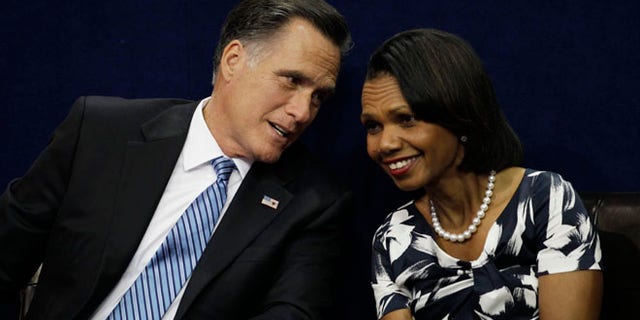 Aug. 28, 2012: Mitt Romney speaks to former Secretary of State Condoleezza Rice during the Republican National Convention in Tampa, Fla.