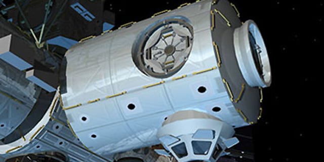 An artist's conception of the installed Node 3 module on the International Space Station.