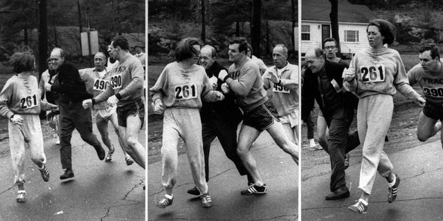 A series of photos shows the moment the official tried to throw Switzer out of the race.