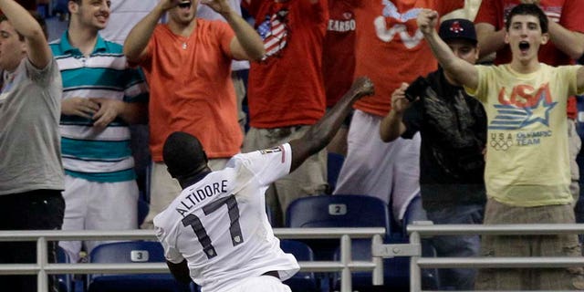 Jozy Altidore celebrates after scoring against Canada in Gold Cup match.