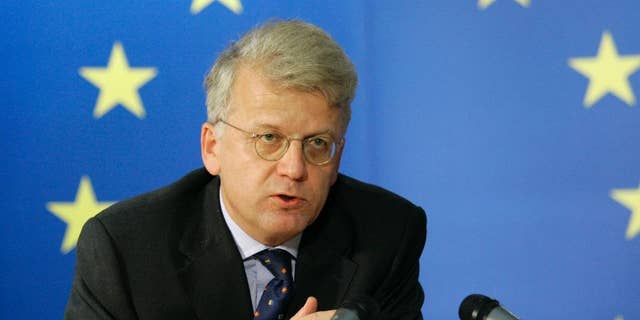 FILE - In this Friday, Oct. 24, 2008 file photo, ambassador Hansjoerg Haber, the then Head of the European Union Monitoring Mission in Georgia, addresses the media at the EU council headquarters in Brussels. The European Union’s top envoy to Turkey has resigned, his office said Tuesday June 14, 2016, less than a year into the job. The EU delegation in Ankara confirmed that Ambassador Hansjoerg Haber was leaving his post, without giving any reason. (AP Photo/Yves Logghe, File)